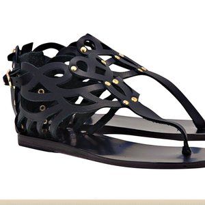 Ancient Greek Sandals - Black Medea Sandals with gold rivets, Size 8/39